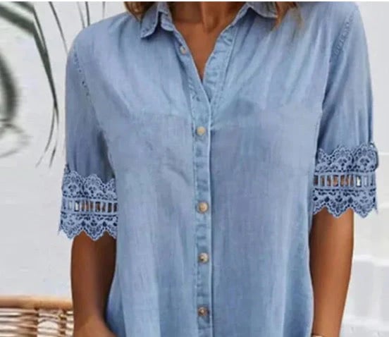 ⏳Blue Plain Collared Lace Trim Denim MIni Dress