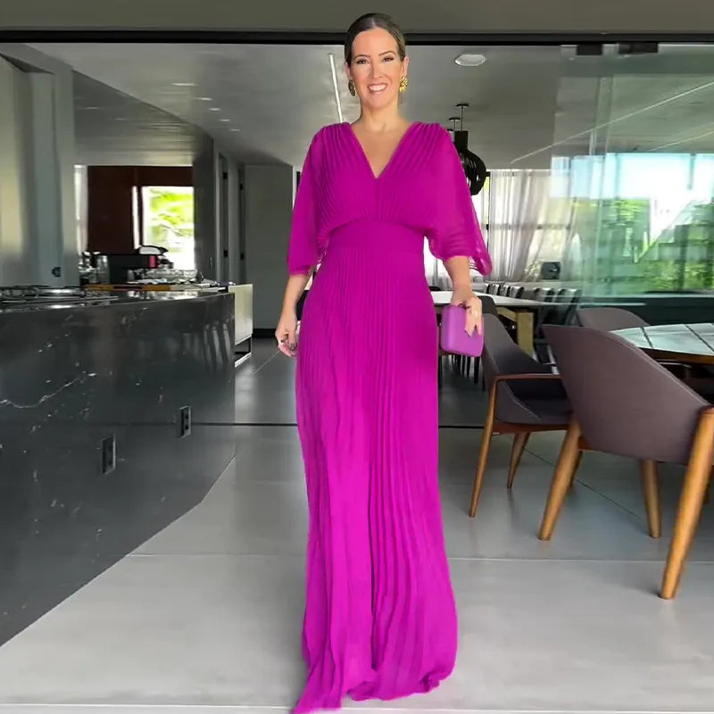 🔥✨Pleated Batwing Sleeve Waist-Cinching Dress
