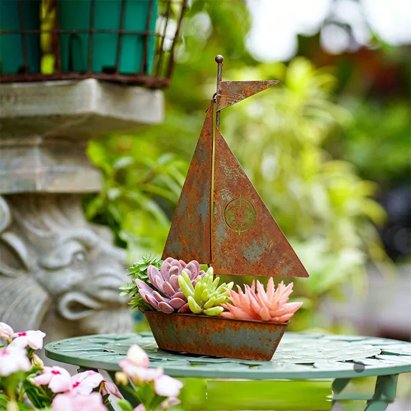 🌱  Rustic Sailboat Metal Planter - Handcrafted, weather-resistant & perfect for succulents, herbs or flowers – charming garden or shelf decor 🏡