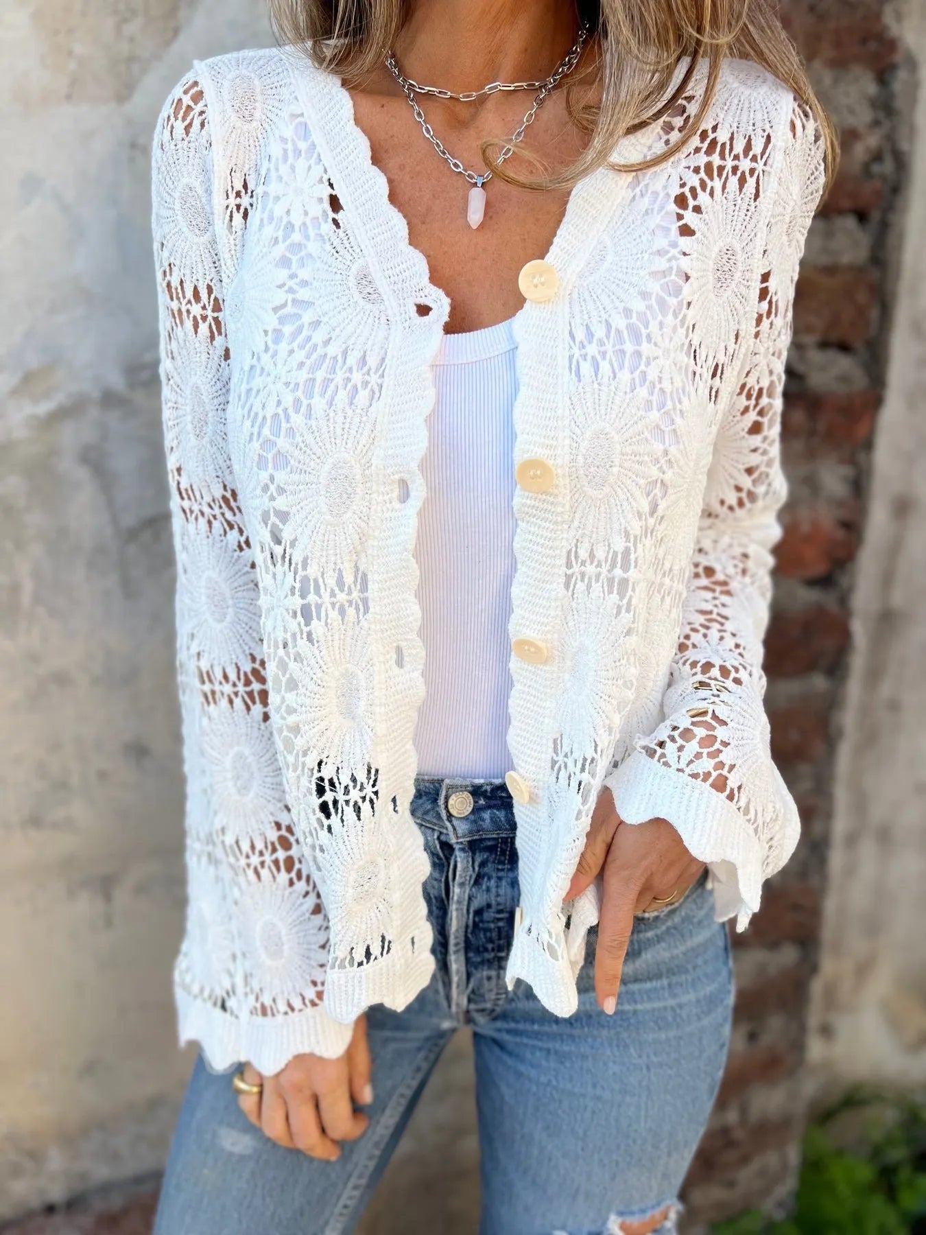 Cutout Embroidered V-Neck Button Long Sleeve Top