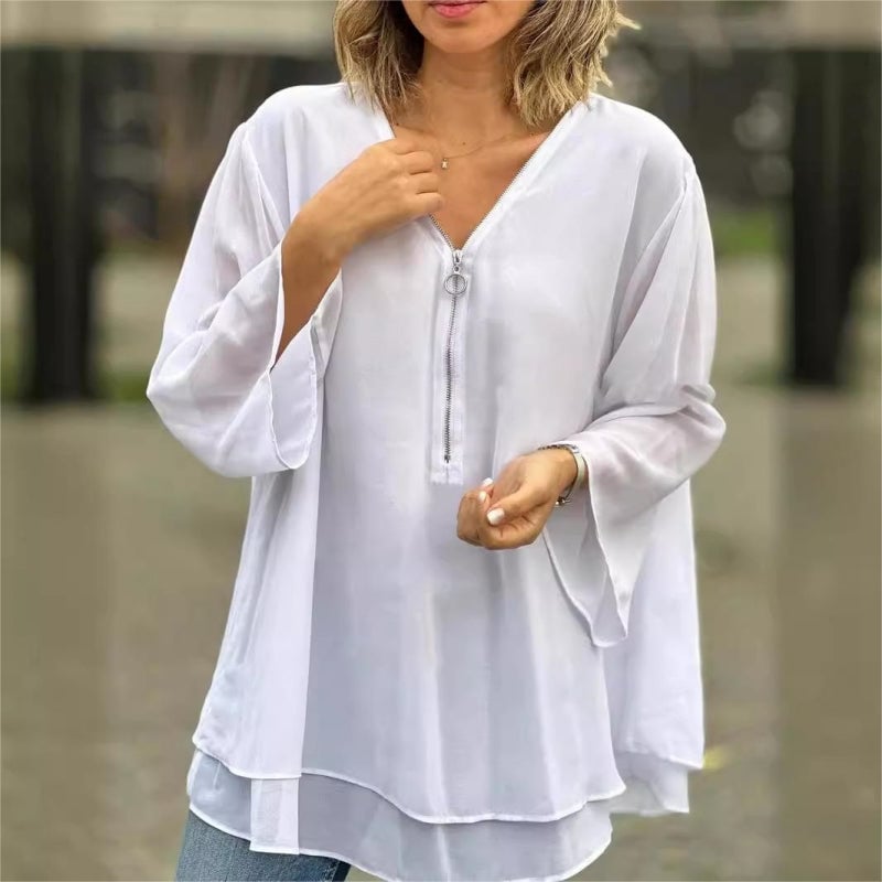 💗 Women's double layered top with V-neck and soft zipper closure