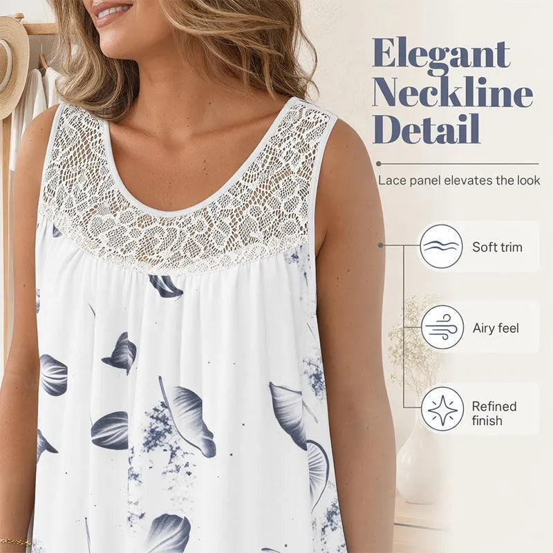 Summer Bestseller🔥👗 Round Neck Printed Sleeveless Dress with Lace Trim – Breathable & Lightweight for Everyday Elegance