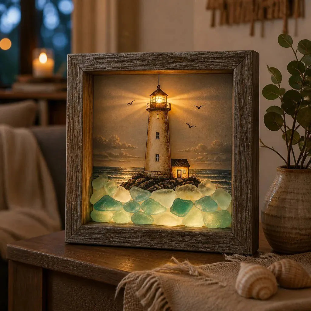 🎁🔥💝Coastal Lighthouse Sea Glass Shadow Box Night Light