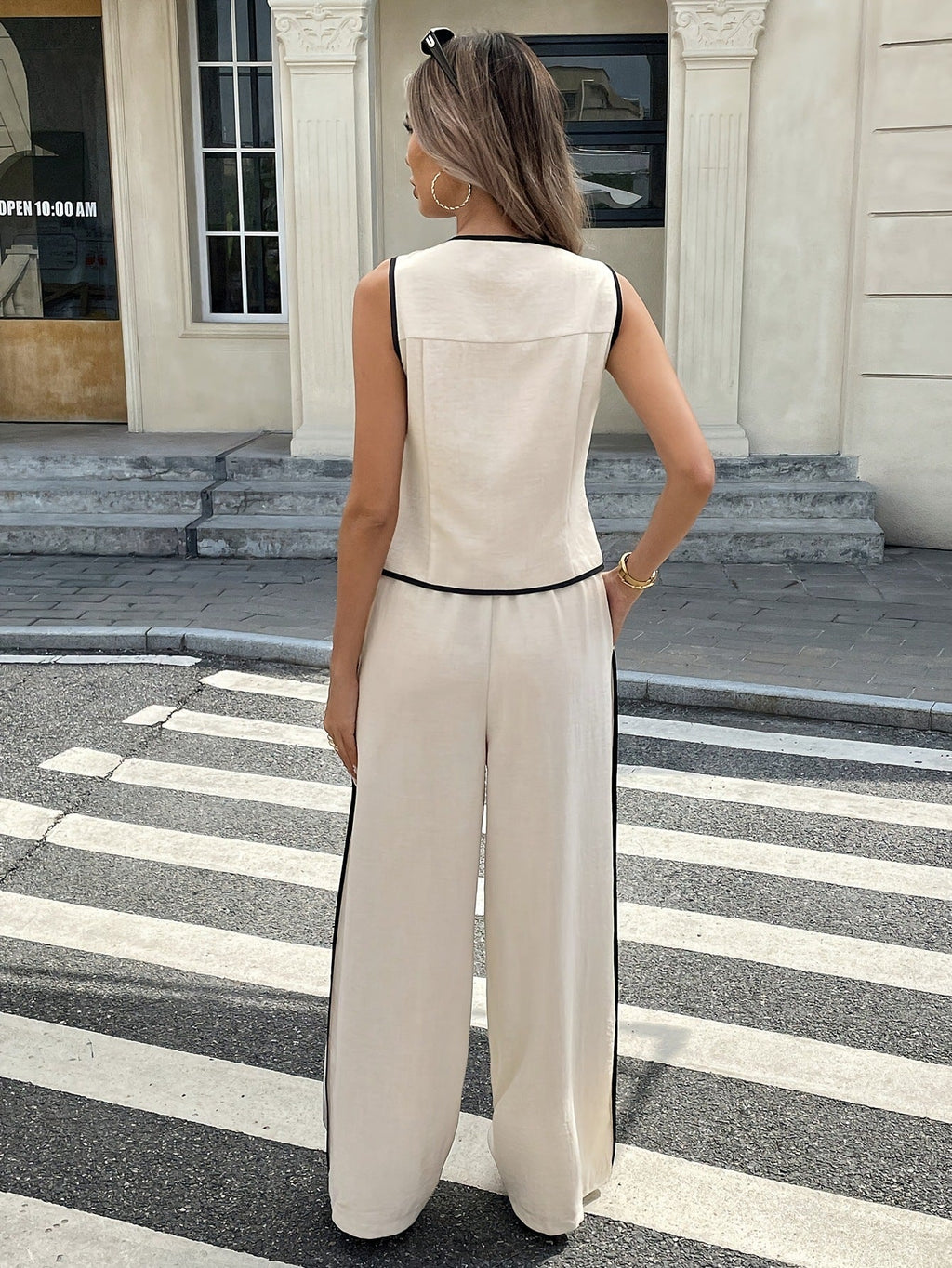 ⌛Women's Contrast Binding Sleeveless Tank & Drawstring Waist Pants Two-piece Set