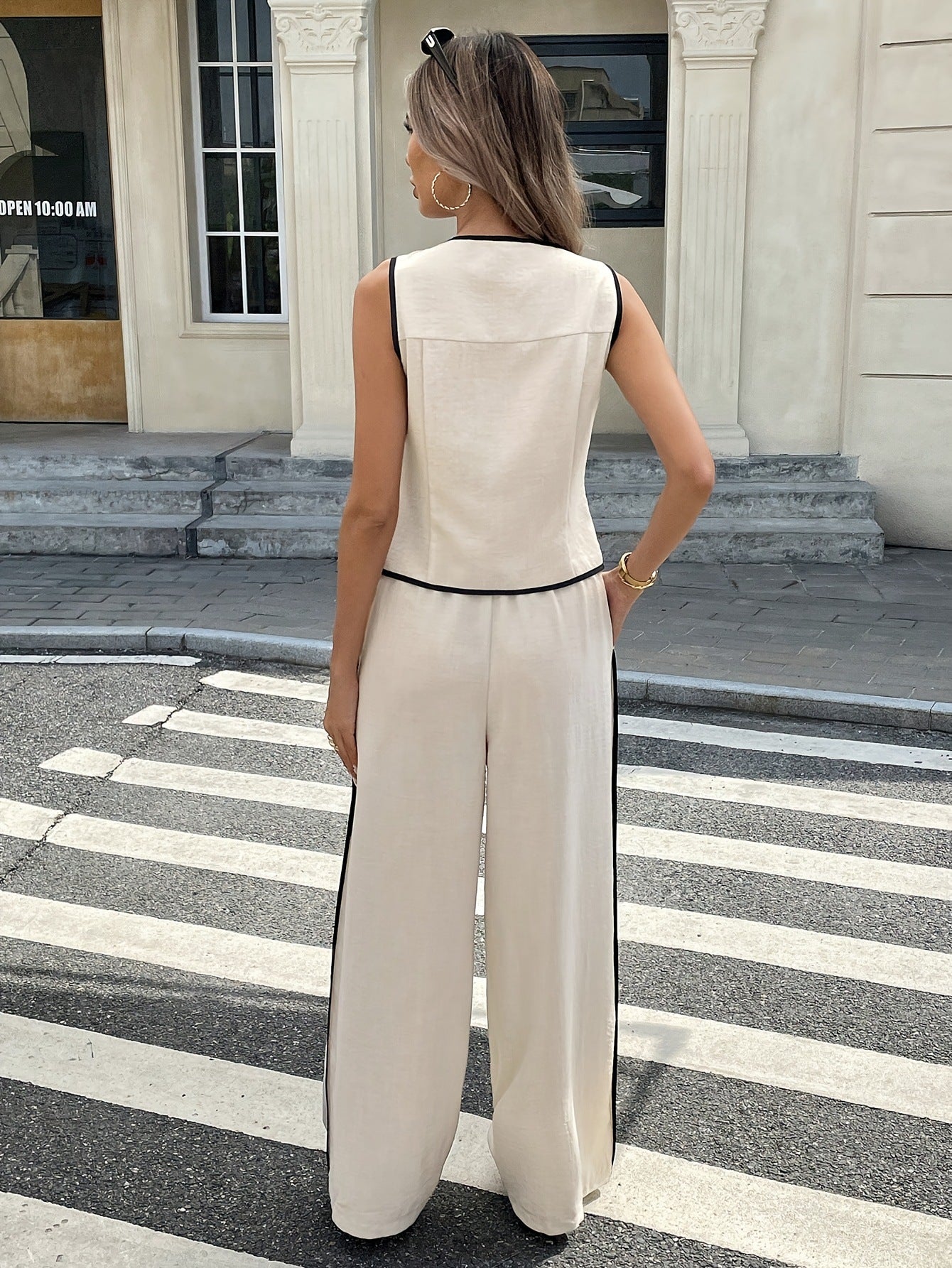 ⌛Women's Contrast Binding Sleeveless Tank & Drawstring Waist Pants Two-piece Set