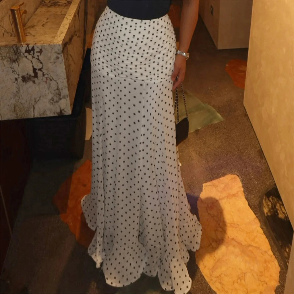 White & Black Polka Dot Floor-length Chiffon Skirt