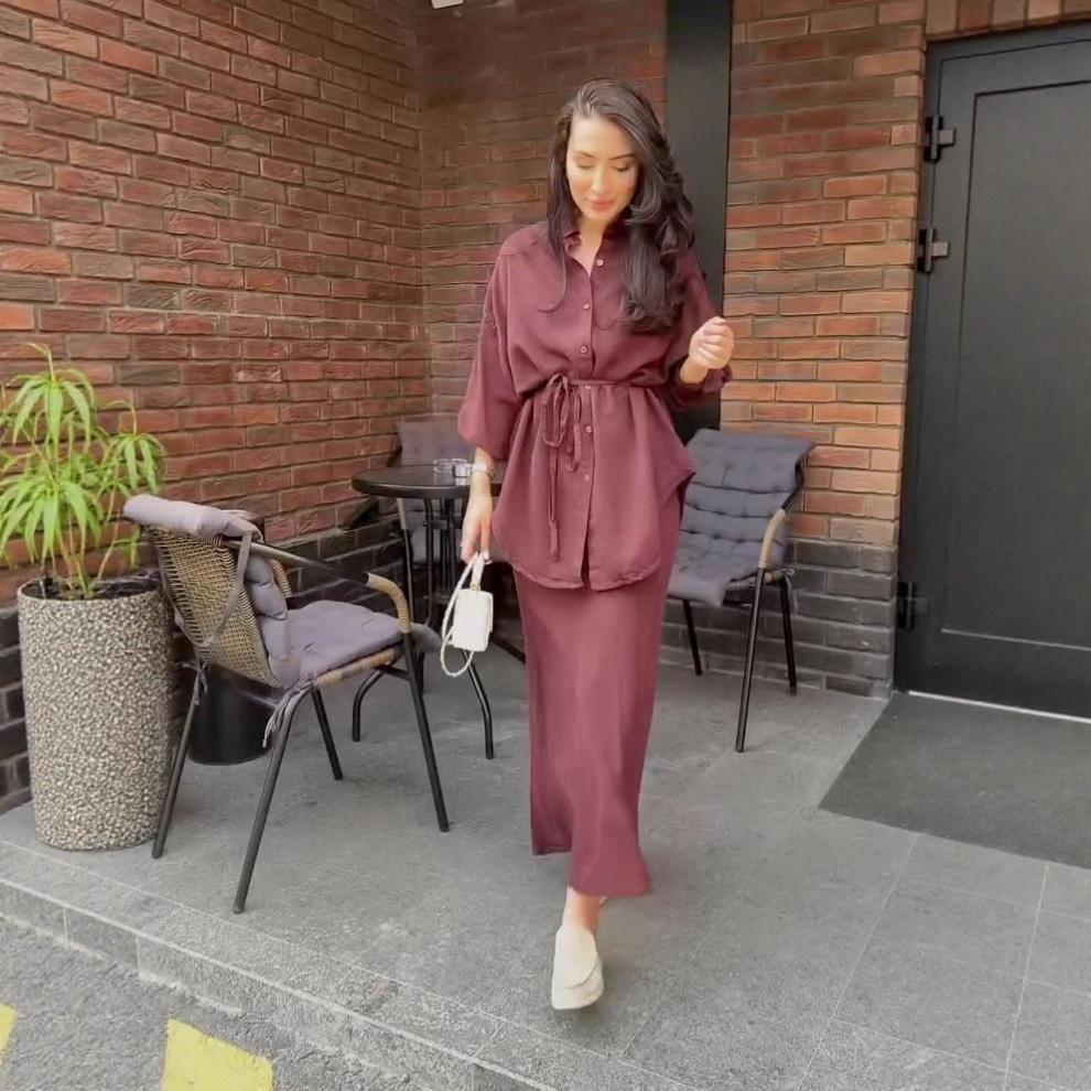 Long-sleeved Tie-Drawstring Shirt and Skirt Set