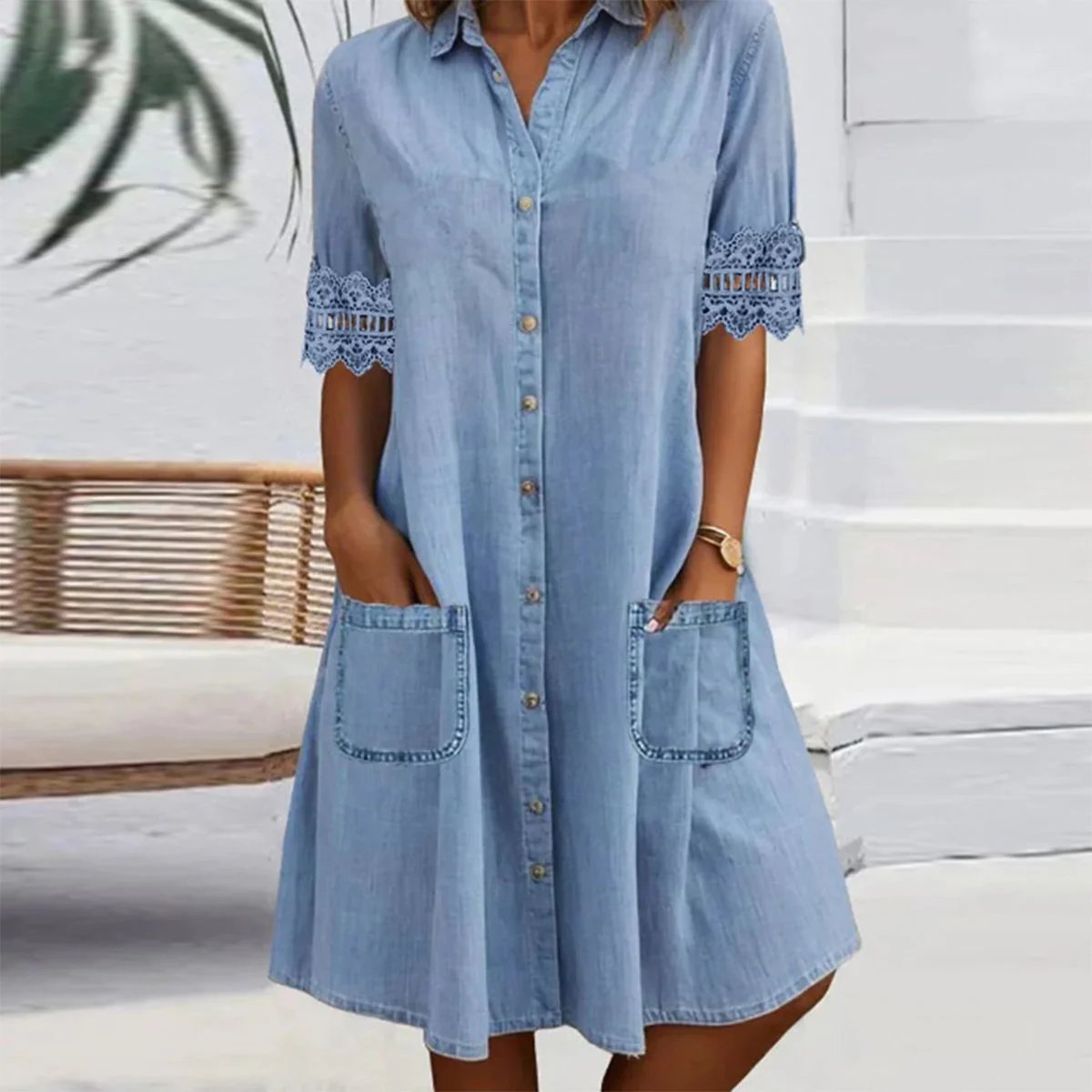 ⏳Blue Plain Collared Lace Trim Denim MIni Dress