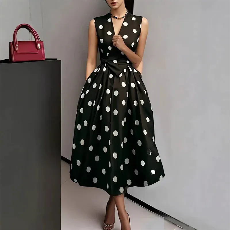 ⏰Women's Polka Dot Sleeveless V-Neck Dress