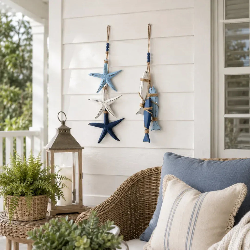 ⭐🐟🌊Lighted Coastal Wooden Starfish & Fish Hanging Decor
