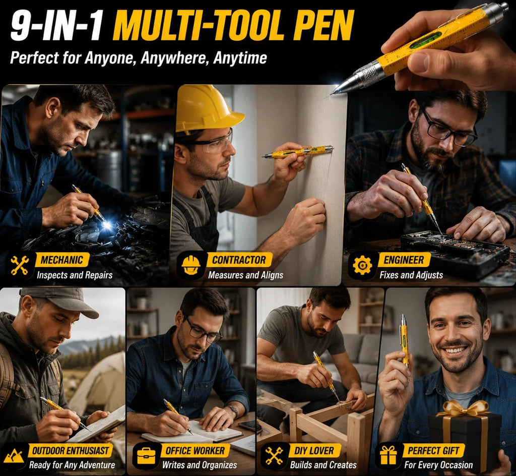 🎉🖊️ 9-in-1 Multi-Tool Pen – LED Light, Screwdriver, Ruler & Stylus | Pocket EDC Gadget for Everyday Fixes