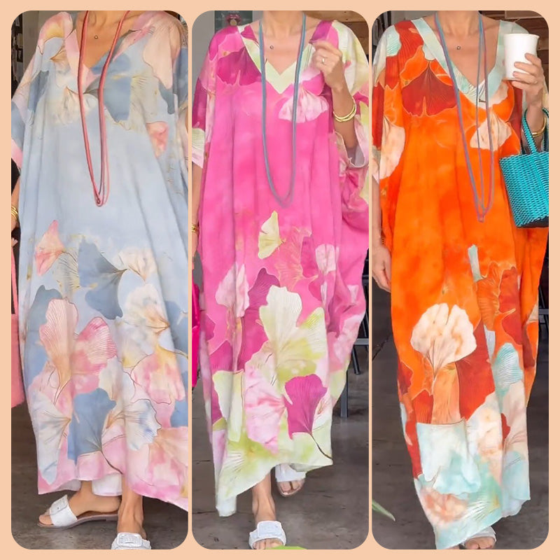 🔥Floral Print Loose Long Dress with Half Sleeves