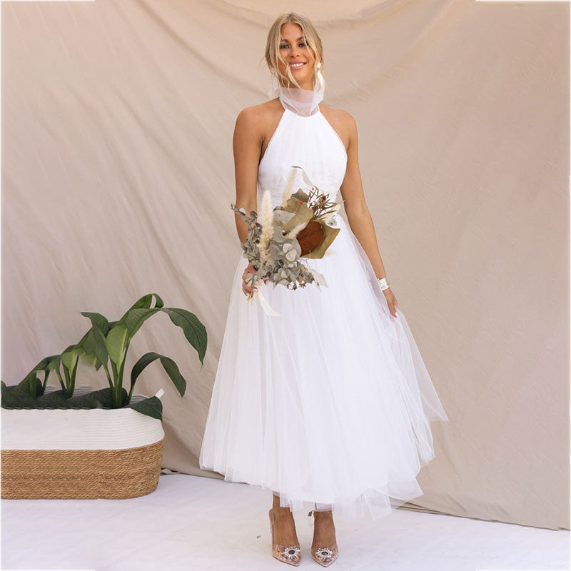 🎁⏳Halter Sleeveless Solid Color Mesh High Neck Dress