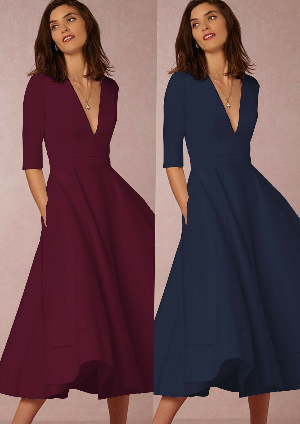 V Neck Pocket Design Half Sleeve Dress