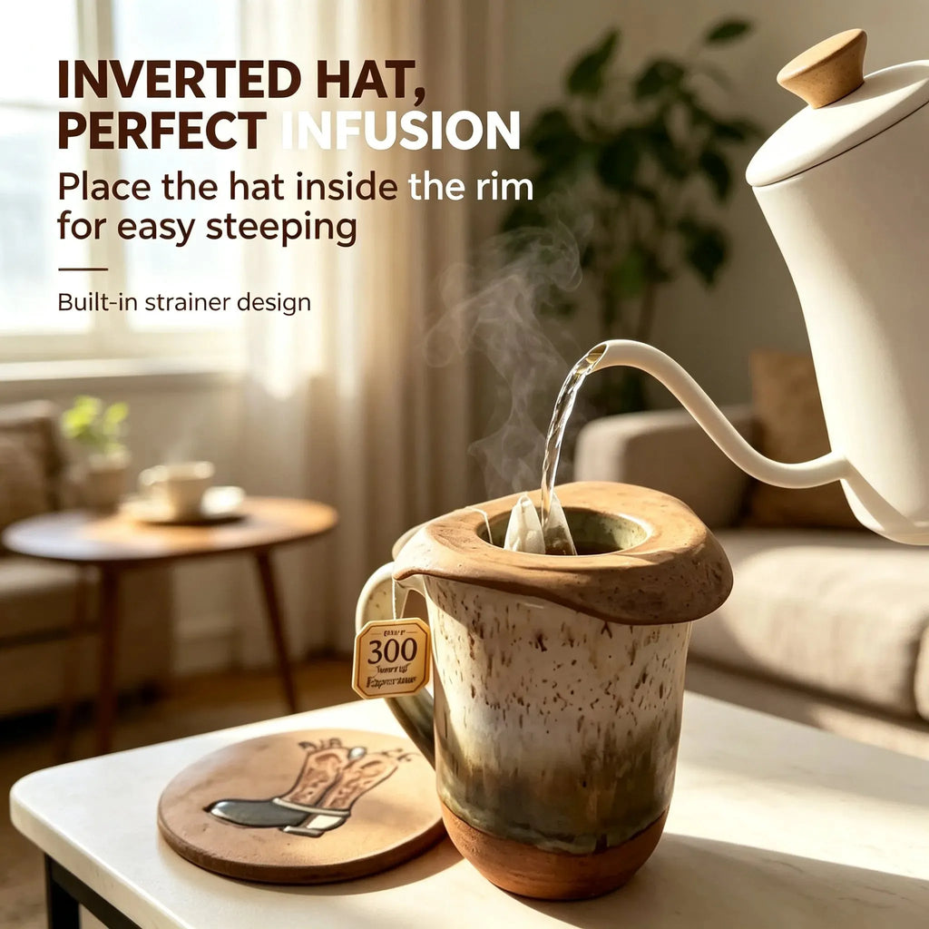 🎉| Western Handmade Cup with Hat Tea Strainer & Cowboy Boot Coaster, Rustic Farmhouse Gift