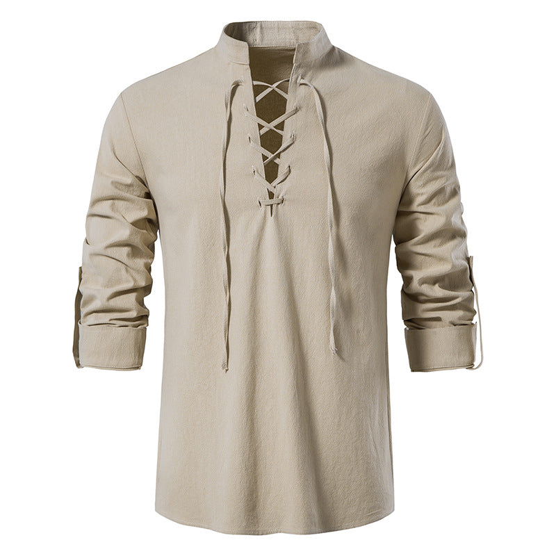 Men's Cotton-Linen Henley Shirt with High Collar and Long Sleeves