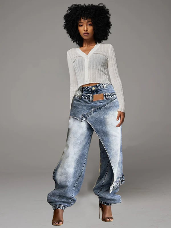 👖 Women Y2K High Waisted Patchwork Split Hem Denim Pant