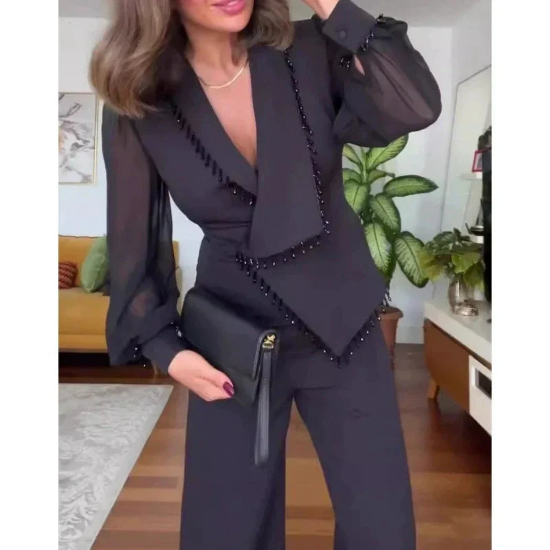 Elegant Black Beaded Wide-Leg Jumpsuit