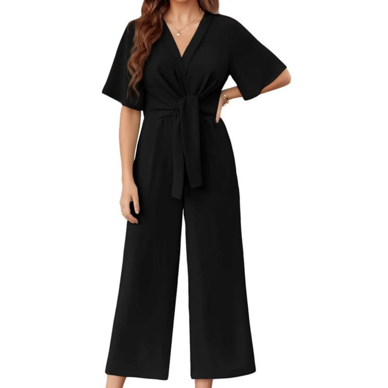 ✈️Women's Elegant V-Neck Wide Leg Waist Tie Jumpsuit