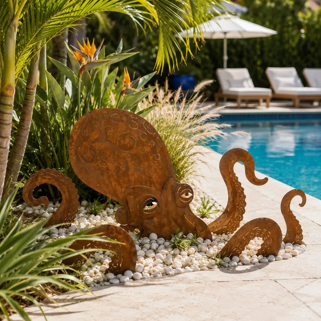 🔥 🐙Rust Patina Giant Squid Garden Sculpture