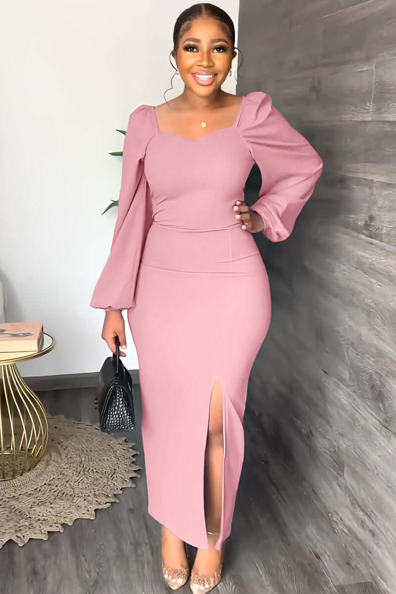 Long Sleeve Square Neck Slit Maxi Dresses Lady's Wardrobe Essentials