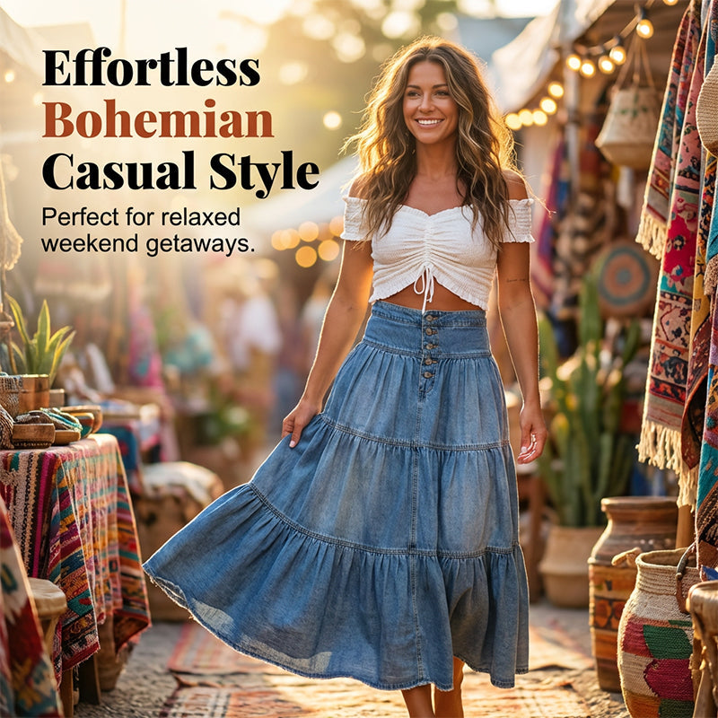 👗 ✨ Denim Maxi Skirt – High Waist, Tiered, A-Line, Button Front ✨