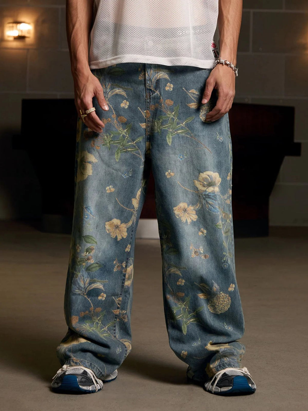 Denim Floral Print Carpenter Jeans