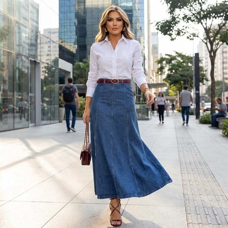 💥 Women's high-waisted A-line denim maxi skirt