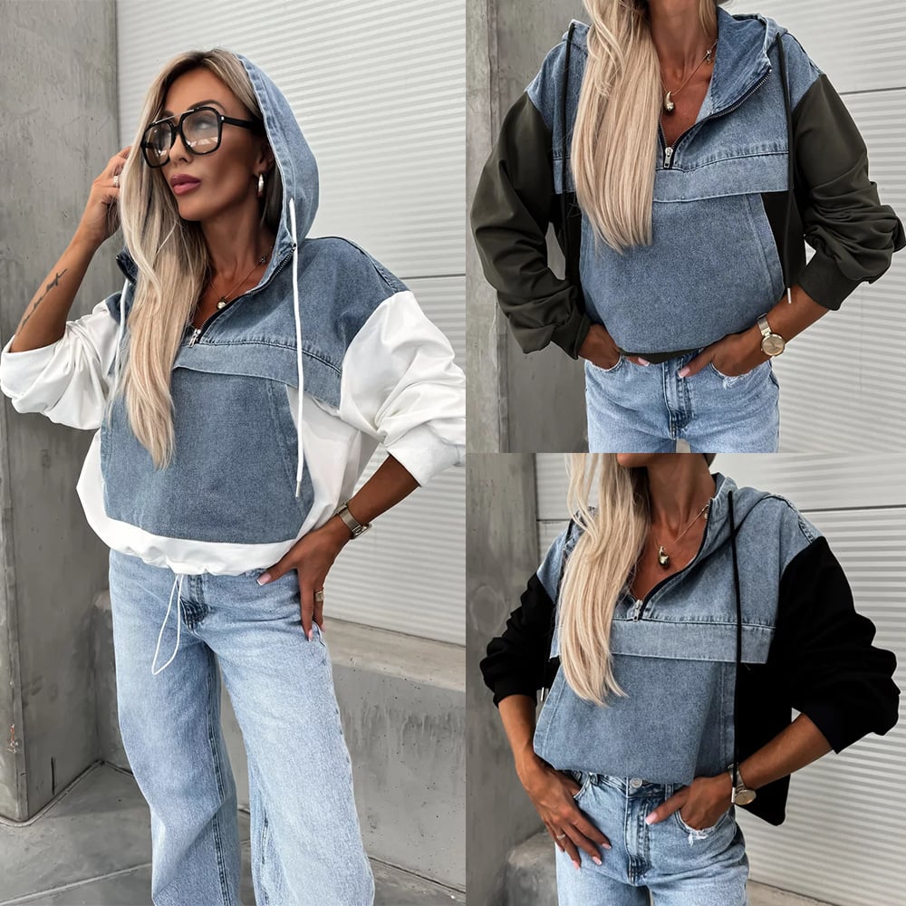Women's Hooded Denim Patchwork Sweatshirt🍂