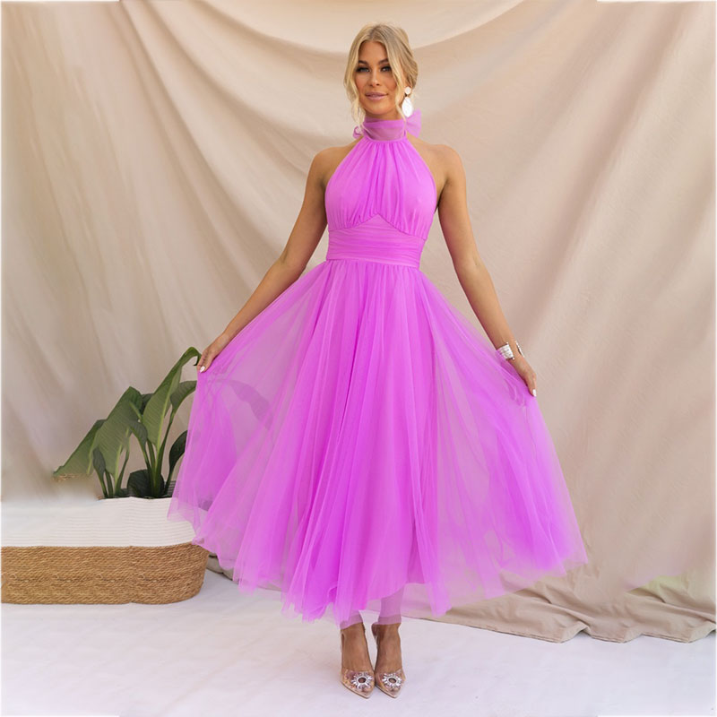 🎁⏳Halter Sleeveless Solid Color Mesh High Neck Dress