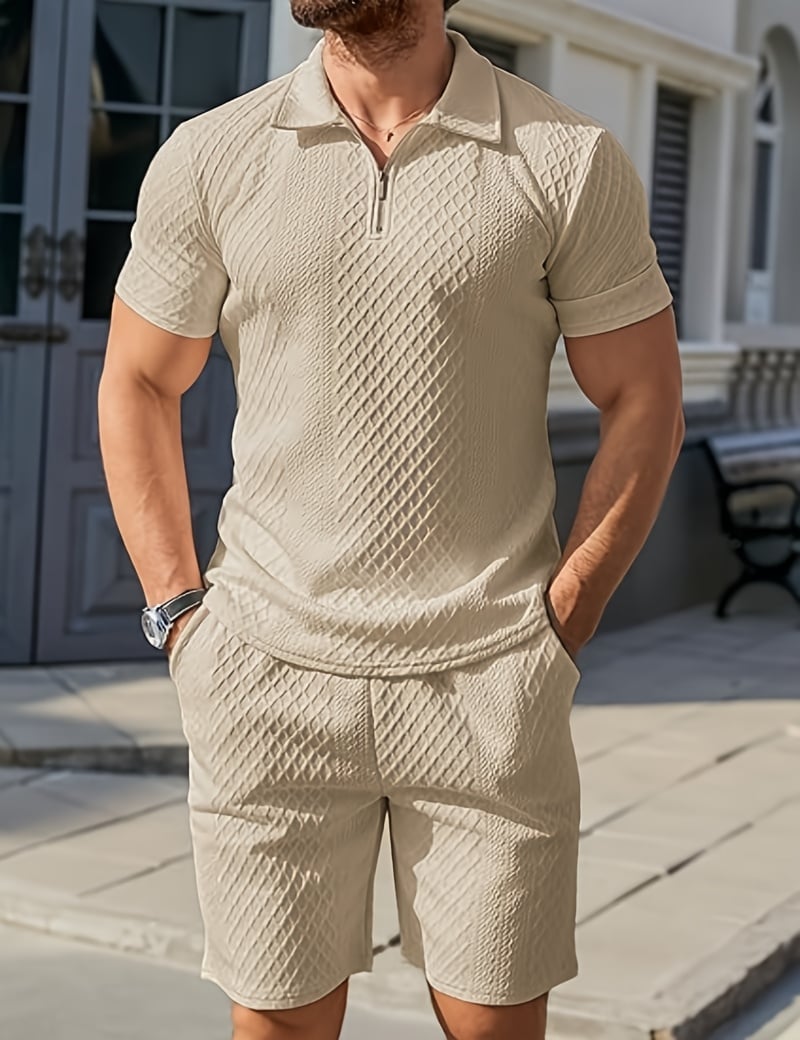 ☀️👕🩳Men's Jacquard Polo Shirt & Shorts Set – Stylish Comfort for Summer!