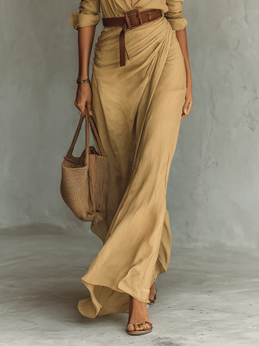 Ladies Lapel Single Breasted Long Sleeve Belted Maxi Dress