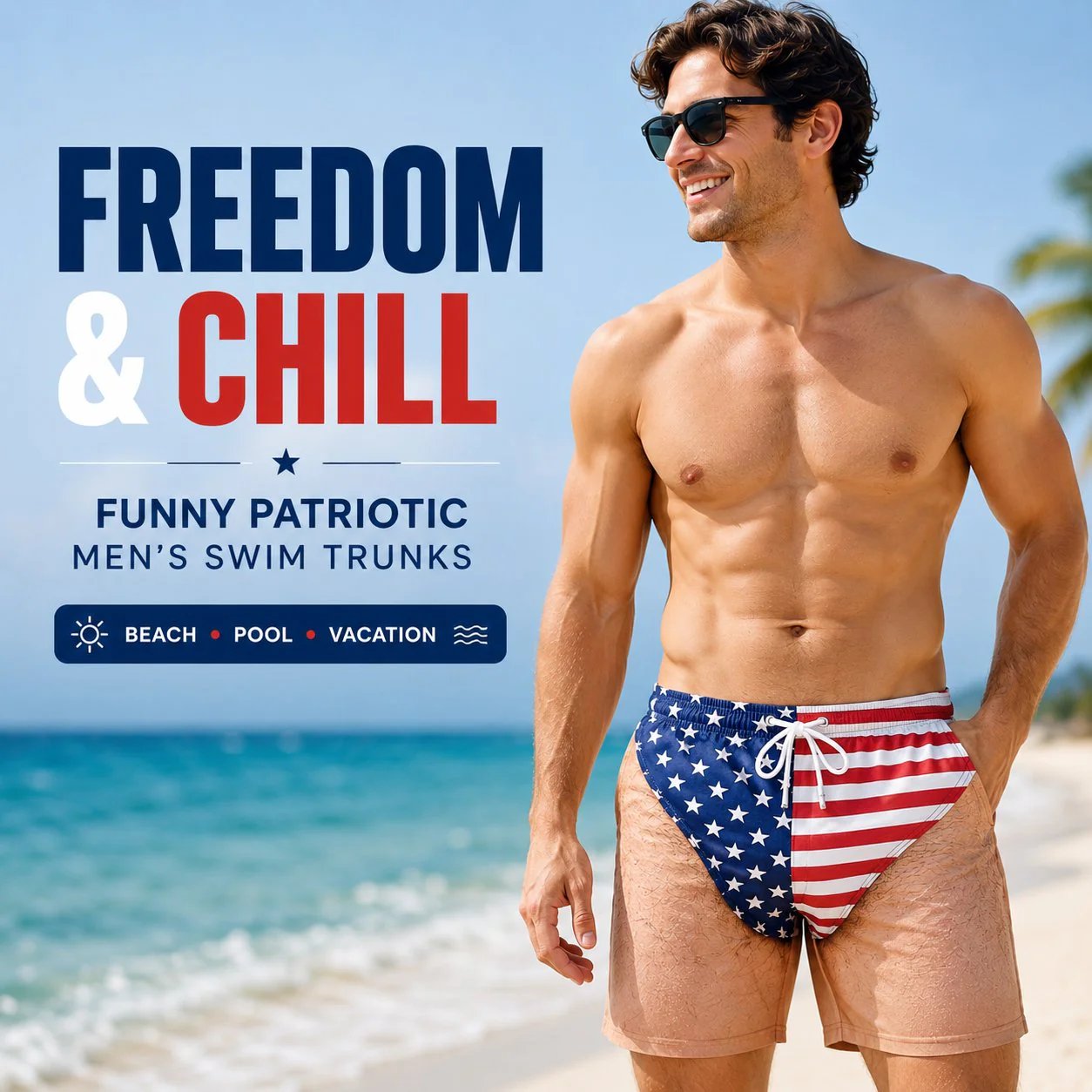 🇺🇸 Funny Patriotic Men’s Swim Trunks – Freedom & Chill Summer Beach Shorts