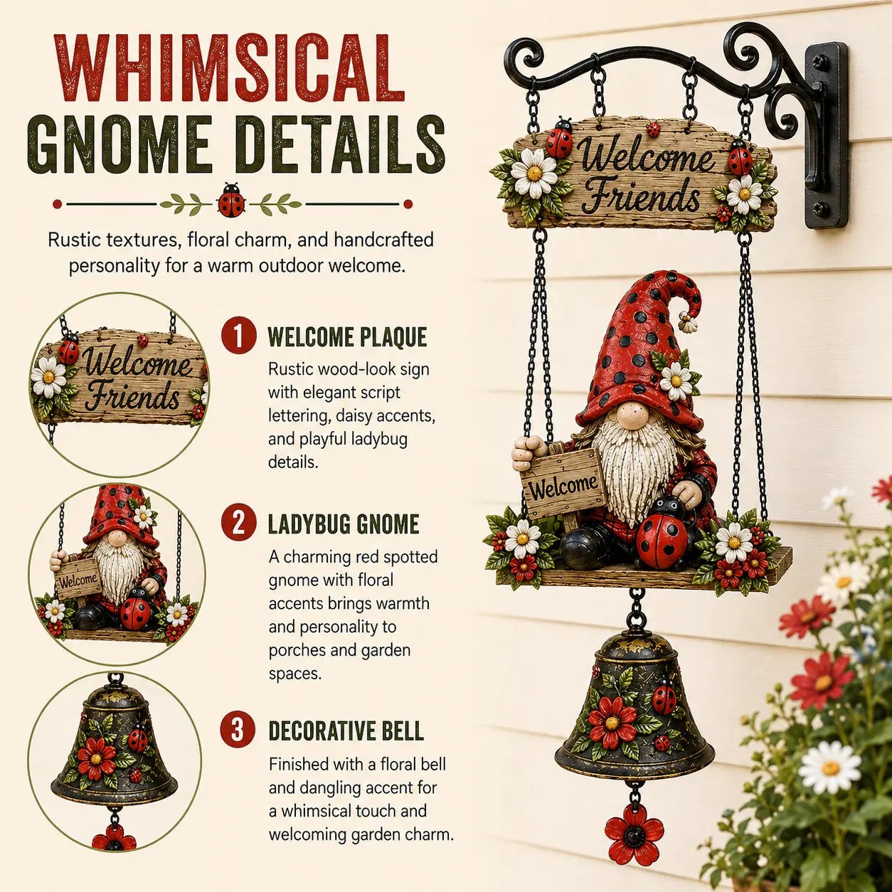 🔥Rustic Garden Gnome Bell Outdoor Decor 🐞🌼