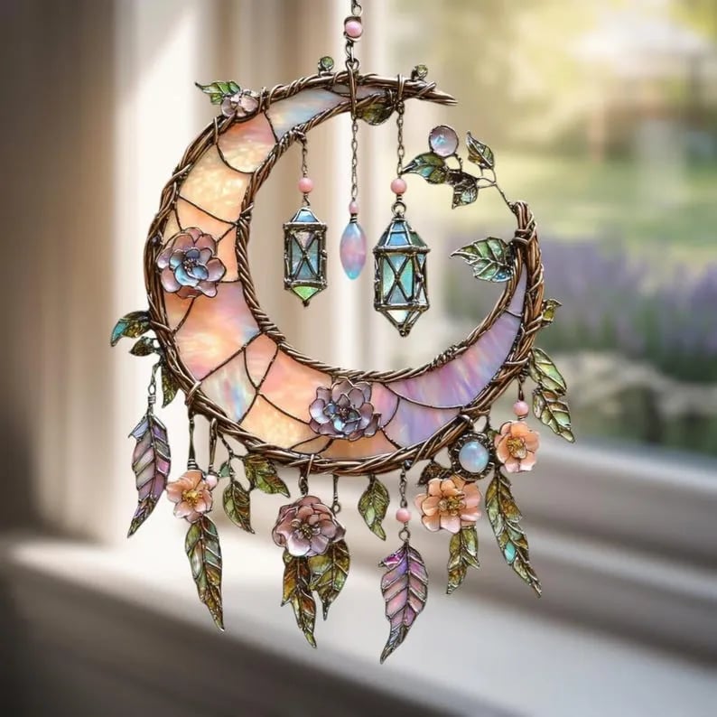 🌙2D Hand-Painted Moon and Floral Window Decor💖