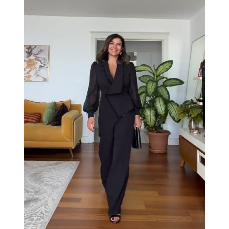 Elegant Black Beaded Wide-Leg Jumpsuit
