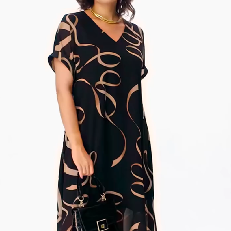 ❄️👗Elegante Vloeiende V-Hals Midi-Jurk – Luchtige Zwarte Jurk met Lintprint, Zijsplit en Comfortabele Pasvorm S-5XL
