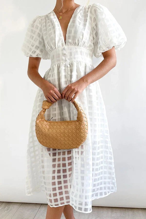 🔥🔥 Beauty Square Patterned Fabric Puff Sleeve Midi Dress