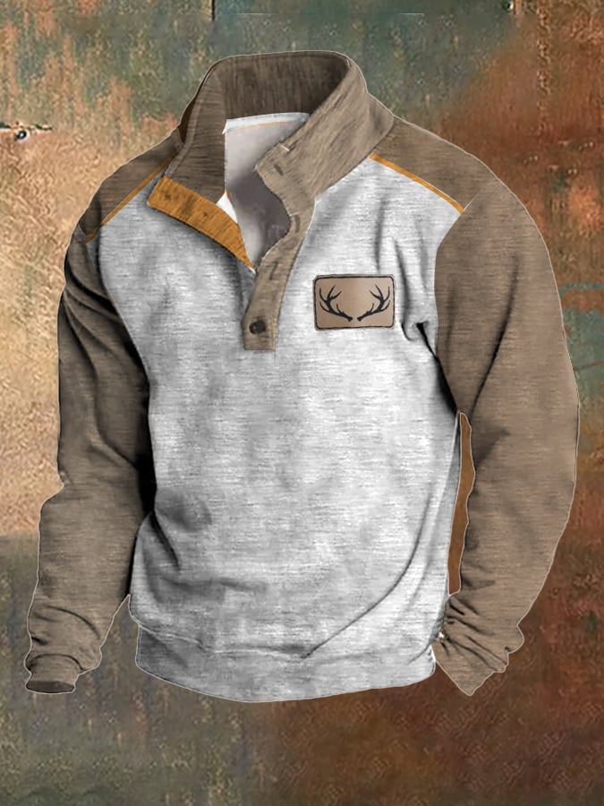Fleece Vintage Western Antler Hunting Enthusiast Stand Collar Sweatshirt