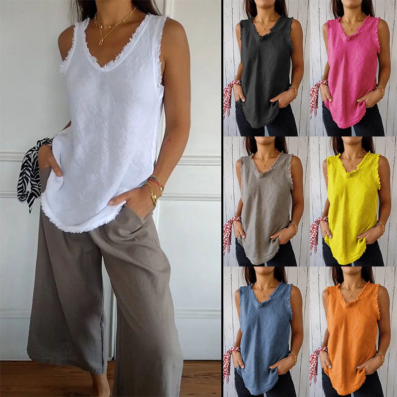 Cotton and Linen V-neck Raw Edge Design Vest
