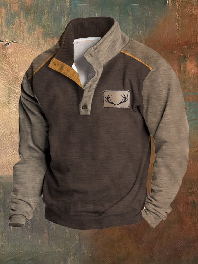 Fleece Vintage Western Antler Hunting Enthusiast Stand Collar Sweatshirt