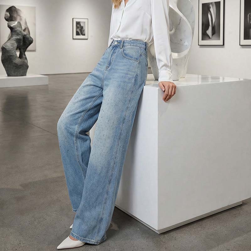 📢⏰Rhinestone Embellished Wide-Leg Denim Jeans