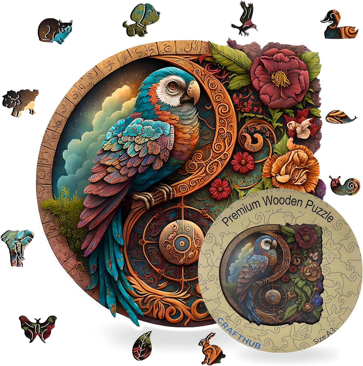 🎄 Christmas Special 🎁: Irregular Circular Wooden Puzzle with Exotic Birds 🦜 and Animals 🐾