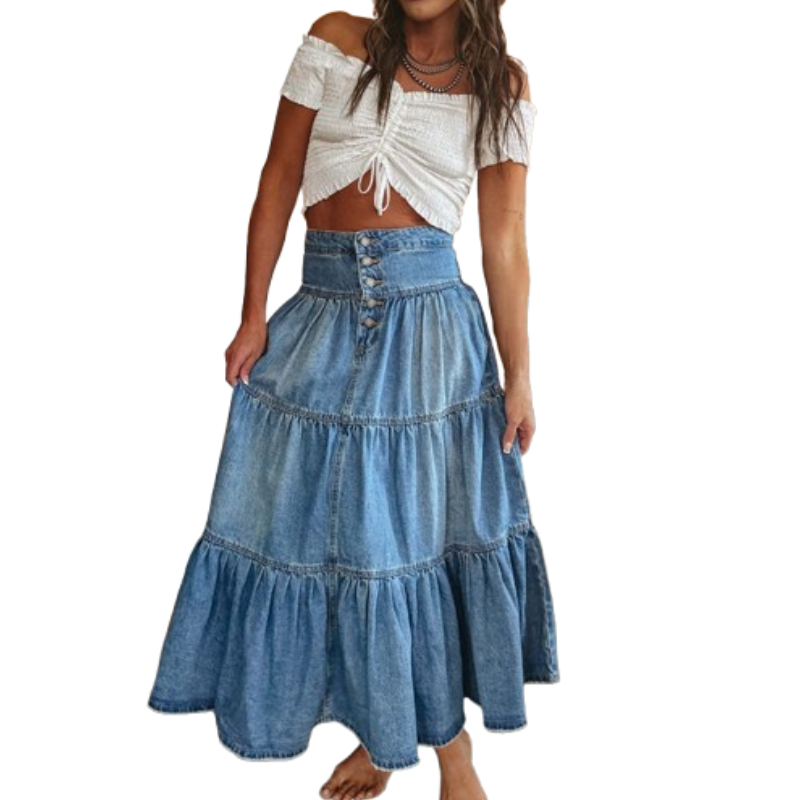 👗 ✨ Denim Maxi Skirt – High Waist, Tiered, A-Line, Button Front ✨