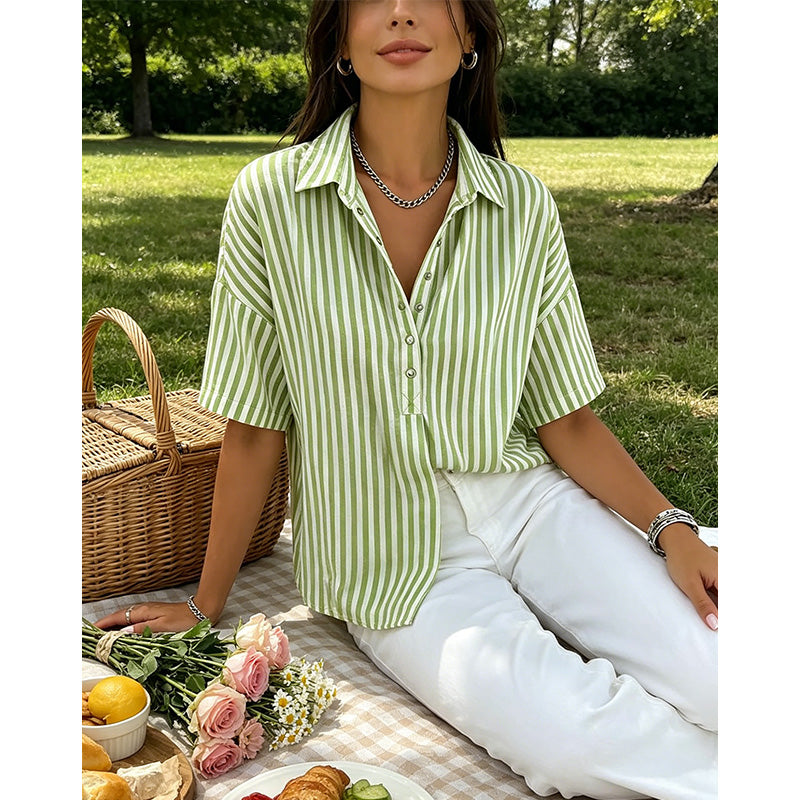 ✨ Women's Striped Short-Sleeve Shirt – Relaxed Fit, V Neck, 9 Colors 🍂
