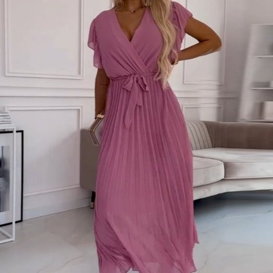 🌸 Women's Solid V-Neck Pleated Flowy Dress