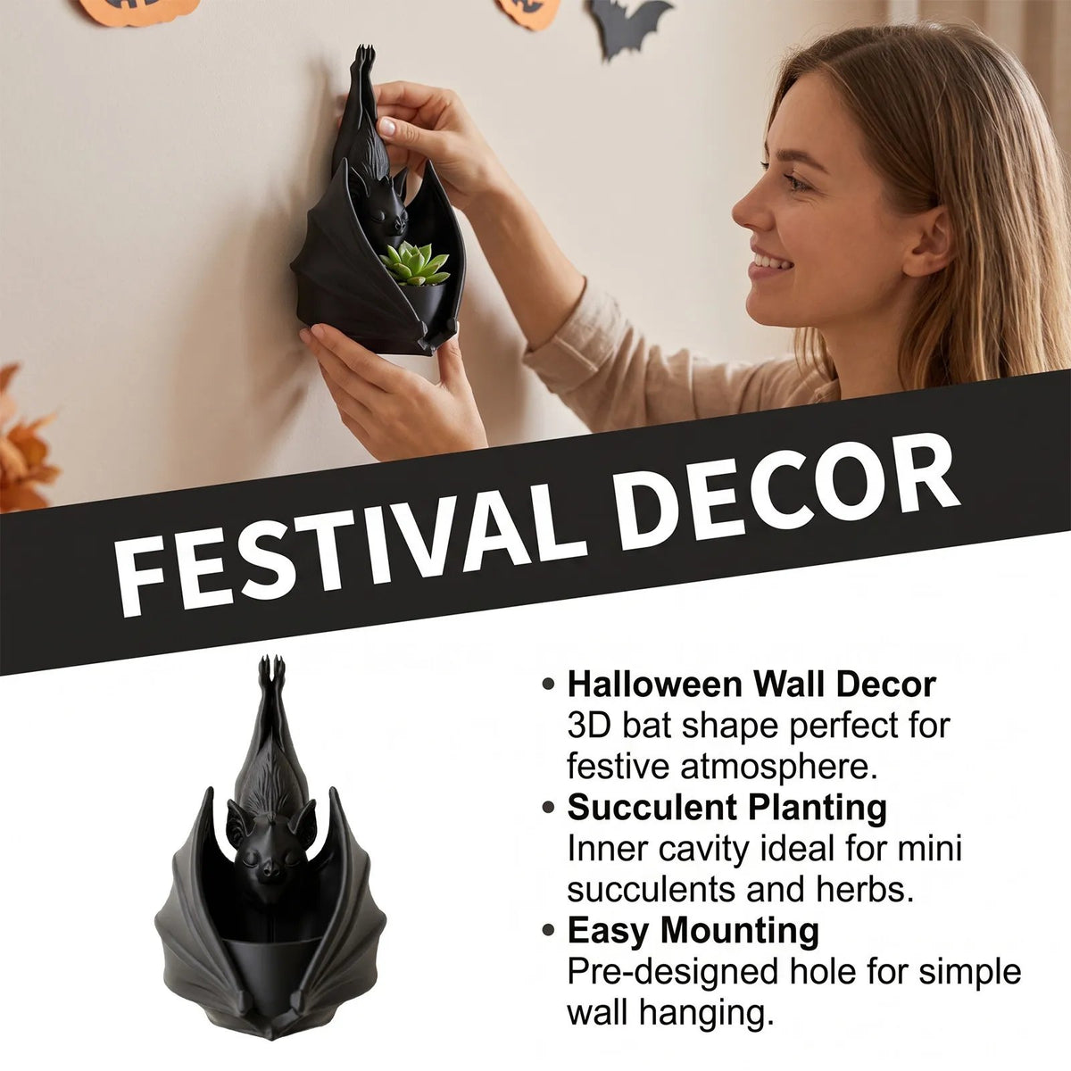 🎉3D Printed Bat Wall Hanging Planter ⭐Multi-purpose Gothic Bat Decor Pot For Succulents Candles Small Ornaments