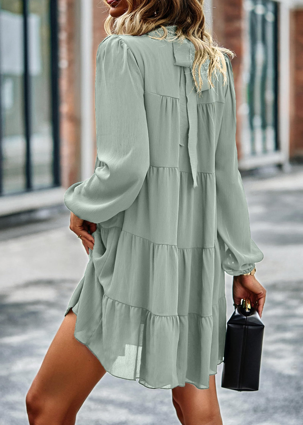 Womens Casual Long Sleeve Mock Neck Ruffle Tiered Babydoll Dress