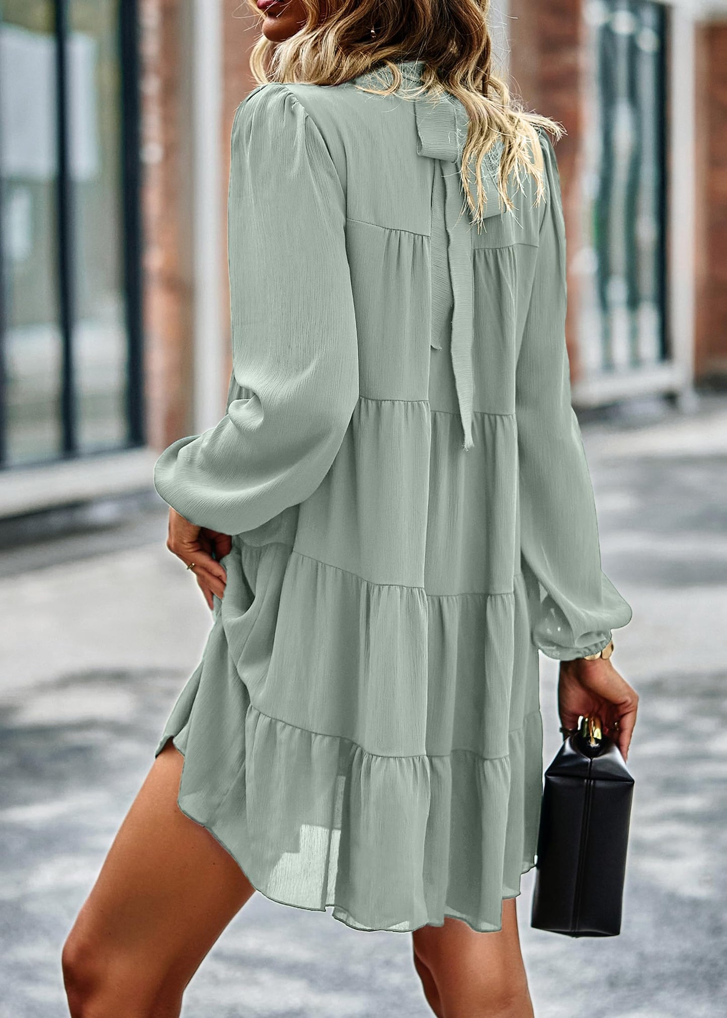 Womens Casual Long Sleeve Mock Neck Ruffle Tiered Babydoll Dress