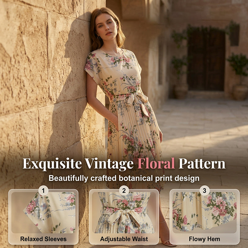 📢📢⏰Women's Floral Print Pleated Midi Dress